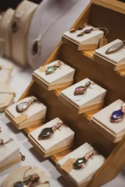 Handmade gemstone necklaces and pendants beautifully displayed at a local jewellery stall